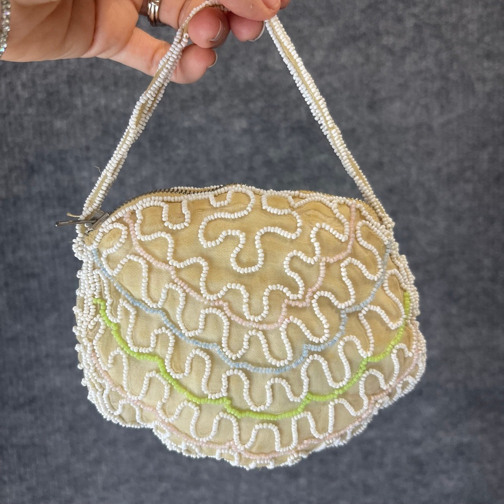 Vintage Handmade Beaded Micro Handbag Coin Champagne Pastel Scalloped Belgium‎